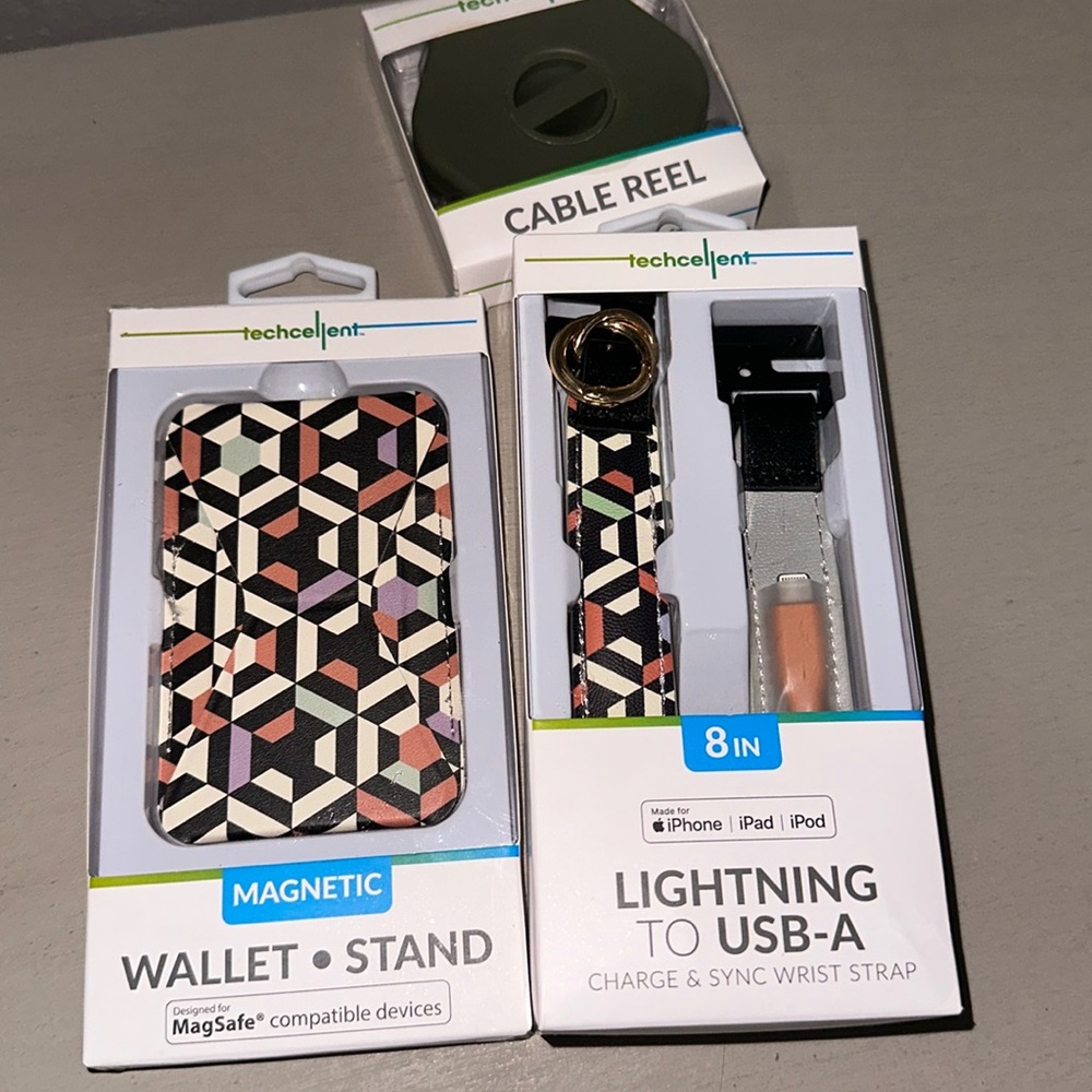 techcellent Bundle -Magnetic Wallet Stand-Charge & Sync Wrist Strap-Cable Reel